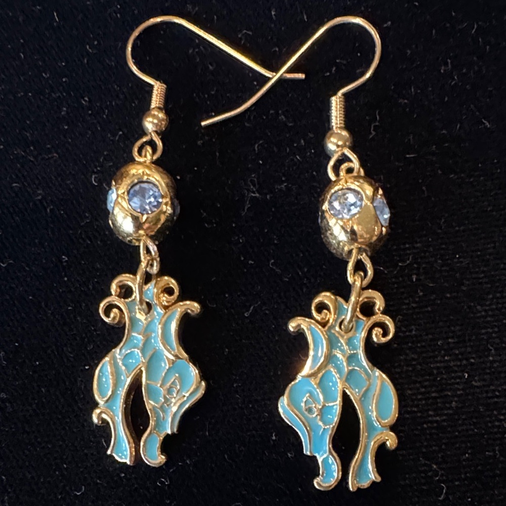 One-of-a-Kind Gold-Tone, Blue Enamel Dragon and Blue Rhinestone Dangle Earrings